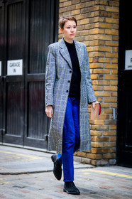 black shoes, blue denim, checked, denim pants, graphic jacket, grey coat, jeans, leather shoes, plaid, printed jacket, trousers, street style, jonathan paciullo, FW, frenchystyle, fashion week, LFW, LONDON, AUTUMN WINTER 2018-2019, AW 18-19, FALL WINTER 2018-2019, FW 18-19, vertical, full length