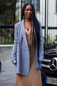 blazer, bra, dress, eres bra, grey blazer, long blazer, long dress, nude dress, pink bra, print, printed blazer, Rajni Lucienne Jacques, tartan blazer, transparent dress, maxi dress, fashion week, frenchystyle, FW, jonathan paciullo, street style, MFW, MILAN, SPRING SUMMER 2022, SS 22, vertical, atmosphere details, detail