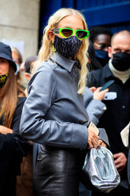 leonie hanne, black leather skirt, grey leather shirt, silver clutch, bottega veneta bag, neon green sunglasses, scale sunglasses, futurist shape sunglasses, fenty sunglasses, neon green earrings, round shape earrings, dangling earrings, long skirt, covid face mask, fashion week, frenchystyle, FW, jonathan paciullo, street style, PFW, PARIS, SPRING SUMMER 2021, SS 21, vertical, atmosphere details, detail