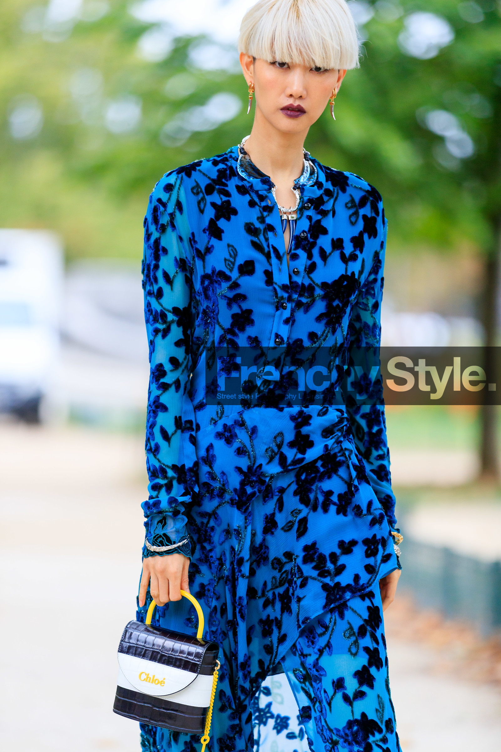 chloe necklace, chloe bag, black leather bag, black leather boots, white leather bag, animal skin bag, hand bag, blue boots, socks boots, high heels boots, blue dress, brocart dress, black dress, floral embroidered dress, velvet dress, silk dress, long sleeves dress, button dress, drape dress, chloe look, chloe dress, fashion week, frenchystyle, FW, jonathan paciullo, street style, SPRING SUMMER 2020, SS 20, PFW, PARIS, vertical, atmosphere details, detail