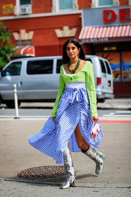 black and white shoes, blue skirt, crop top, graphic shoes, graphic skirt, green jacket, high boots, high heels, high waist, leather bag, leather shoes, necklace, pink bag, printed shoes, printed skirt, striped skirt, street style, jonathan paciullo, FW, frenchystyle, fashion week, NEW YORK, NYFW, SPRING SUMMER 2020, SS 20, vertical, full length