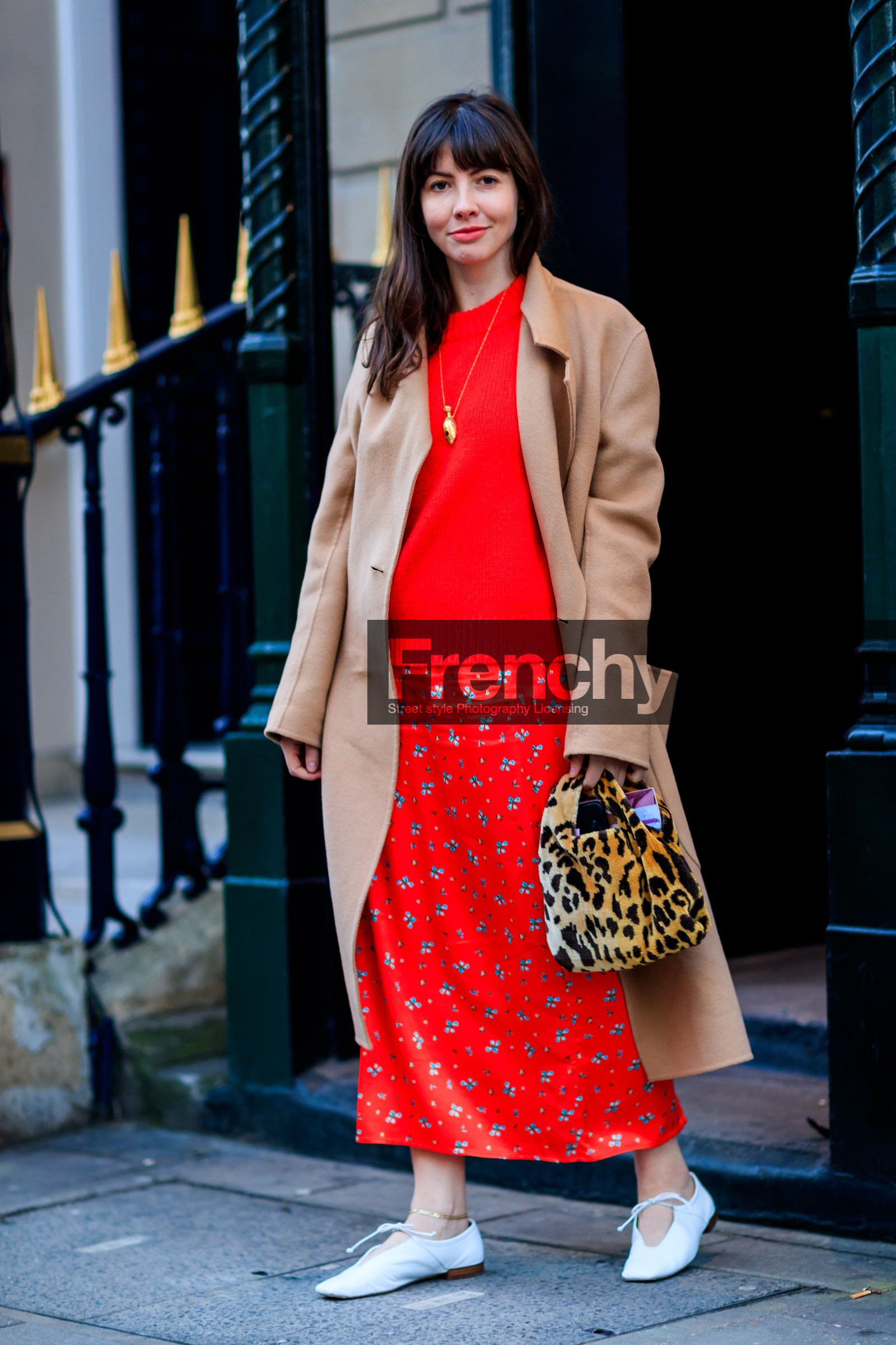 animal print, beige coat, fur bag, graphic skirt, leather bag, leather shoes, leopard print, printed skirt, red skirt, red sweater, white shoes, fashion week, frenchystyle, FW, jonathan paciullo, street style, LFW, LONDON, AUTUMN WINTER 2018-2019, AW 18-19, FALL WINTER 2018-2019, FW 18-19, vertical, full length, Kat Collings