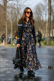 laure heriard dubreuil, kaki cardigan, navy blue cardigan, lurex cardigan, sequins cardigan, striped cardigan, floral printed dress, black dress, lurex dress, button dress, golden dress, polka dots dress, long dress, laced boots, black leather boots, flat boots, black leather bag, pearls bag, quilted bag, chanel bag, long cardigan, chanel cardigan, burgundy sunglasses, fashion week, frenchystyle, FW, jonathan paciullo, street style, PFW, PARIS, vertical, full length