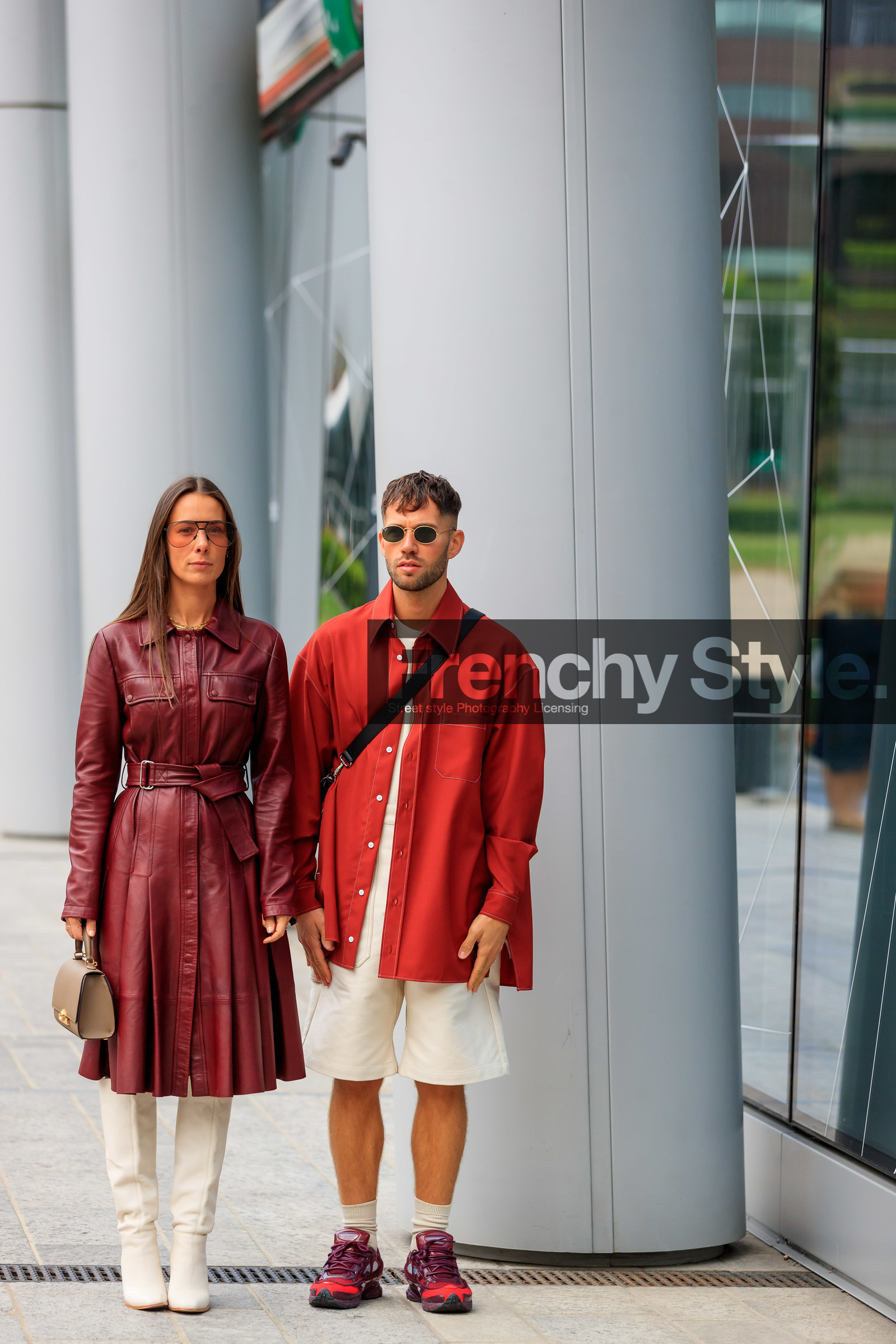 alice & j.s, JS roques, alice barbier, red shirt, white bermuda shorts, burgundy jacket, leather jacket, jacket dress, burgundy sneakers, white leather boots, high boots, high heels boots, belted jacket, beige leather bag, hand bag, rayban sunglasses, fashion week, frenchystyle, FW, jonathan paciullo, street style, vertical, full length, MFW, MILAN, SPRING SUMMER 2020, SS 20