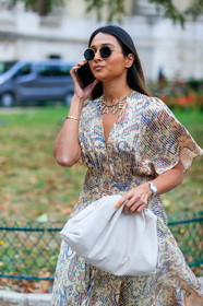 chanel necklace, silvered necklace, strassed necklace, letters necklace, low necked dress, short sleeves dress, nude dress, silk dress, cachemere printed dress, aviator sunglasses, metalic frame sunglasses, long dress, striped dress, white leather clutch, bottega veneta bag, cartier bracelet, fashion week, frenchystyle, FW, jonathan paciullo, street style, SPRING SUMMER 2020, SS 20, PFW, PARIS, vertical, atmosphere details, detail