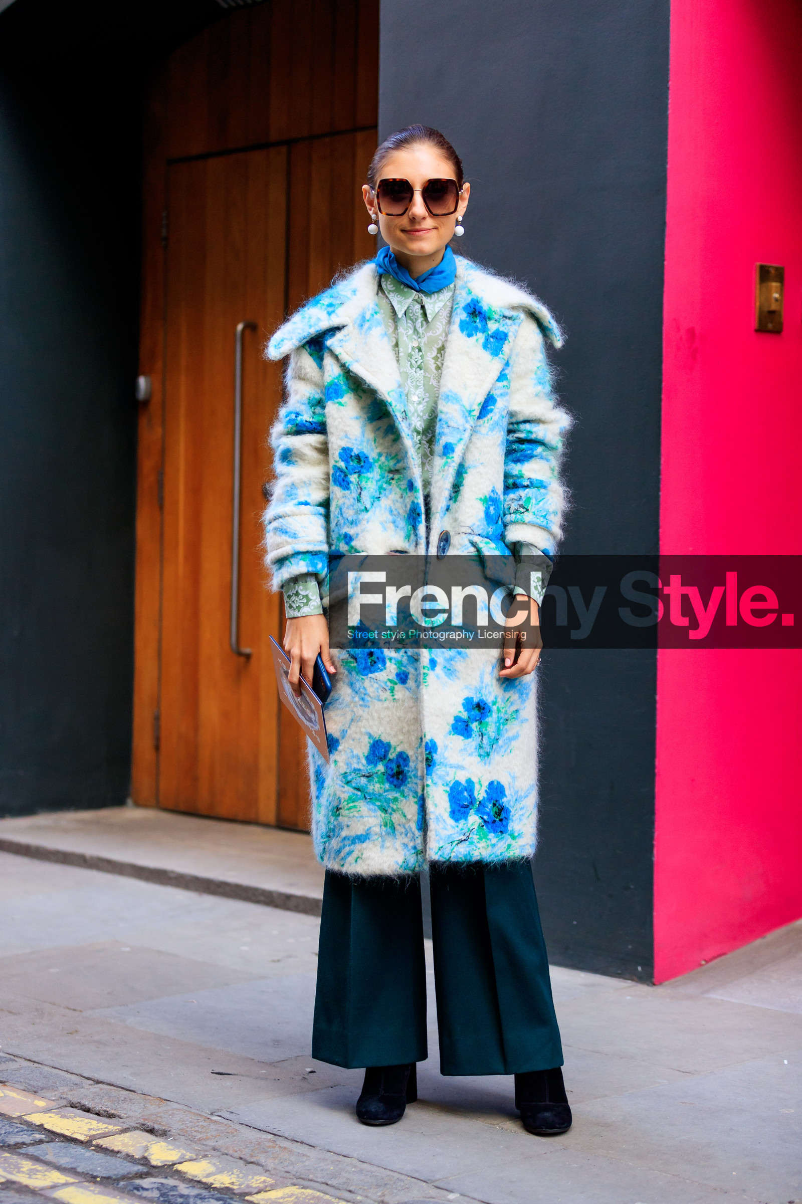 black pants, black shoes, blue coat, bun, earrings, floral, flowers, graphic jacket, green shirt, leather shoes, pearls, printed jacket, sunglasses, trousers, street style, jonathan paciullo, FW, frenchystyle, fashion week, LFW, LONDON, AUTUMN WINTER 2018-2019, AW 18-19, FALL WINTER 2018-2019, FW 18-19, vertical, full length, jenny walton