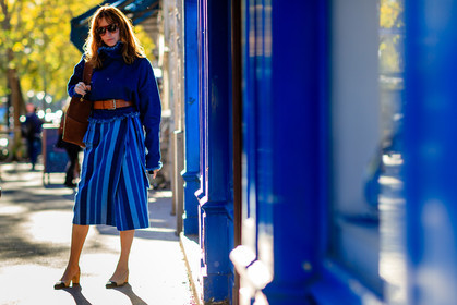 atmosphere details, beige shoes, blue denim, brown belt, chanel, denim top, ece sukan, fashion week, frenchystyle, full length, FW, geometric, graphic skirt, horizontal, jonathan paciullo, leather belt, leather shoes, PARIS, PFW, printed skirt, SPRING SUMMER 2017, SS 17, street style, striped skirt, stripes, sunglasses