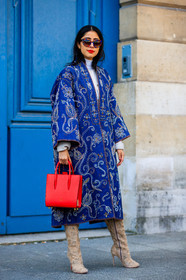 beige boots, blue coat, christian louboutin, embroidered coat, graphic jacket, high boots, high heels, leather bag, leather shoes, printed jacket, red bag, sunglasses, street style, jonathan paciullo, FW, frenchystyle, fashion week, PFW, PARIS, AUTUMN WINTER 2018-2019, FALL WINTER 2018-2019, FW 18-19, vertical, full length, denni elias
