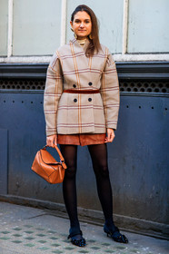 beige jacket, black shoes, brown bag, brown belt, brown skirt, checked, glitter, graphic jacket, leather bag, leather belt, leather shoes, loewe, plaid, printed jacket, shiny shoes, tights, street style, jonathan paciullo, FW, frenchystyle, fashion week, LFW, LONDON, AUTUMN WINTER 2018-2019, AW 18-19, FALL WINTER 2018-2019, FW 18-19, vertical, full length
