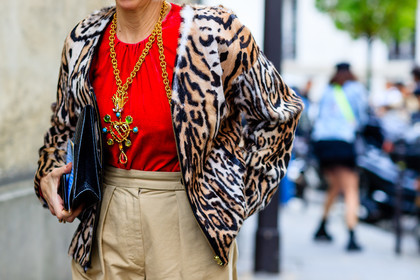 animal print, atmosphere details, beige pants, brown jacket, detail, fashion week, frenchystyle, FW, horizontal, jonathan paciullo, leather bag, leopard print, necklace, PARIS, PFW, printed jacket, red top, SPRING SUMMER 2017, SS 17, street style, trousers