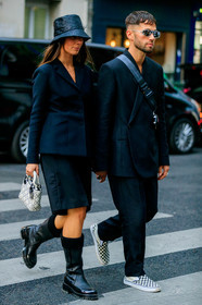 alice & j.s, alice barbier, JS roques, black jacket, white sunglasses, futurist shape sunglasses, black pants, black bermuda shorts, dior bag, dior boots, dior jacket, dior pants, dior shorts, dior total look, monogrammed bag, crossbody bag, black hat, black leather boots, vans shoes, checked shoes, lady dior bag, hand bag, studs details bag, white leather bag, flat boots, dior hat, dior strap bag, fashion week, frenchystyle, FW, jonathan paciullo, street style, SPRING SUMMER 2020, SS 20, PFW, PARIS, vertical, full length