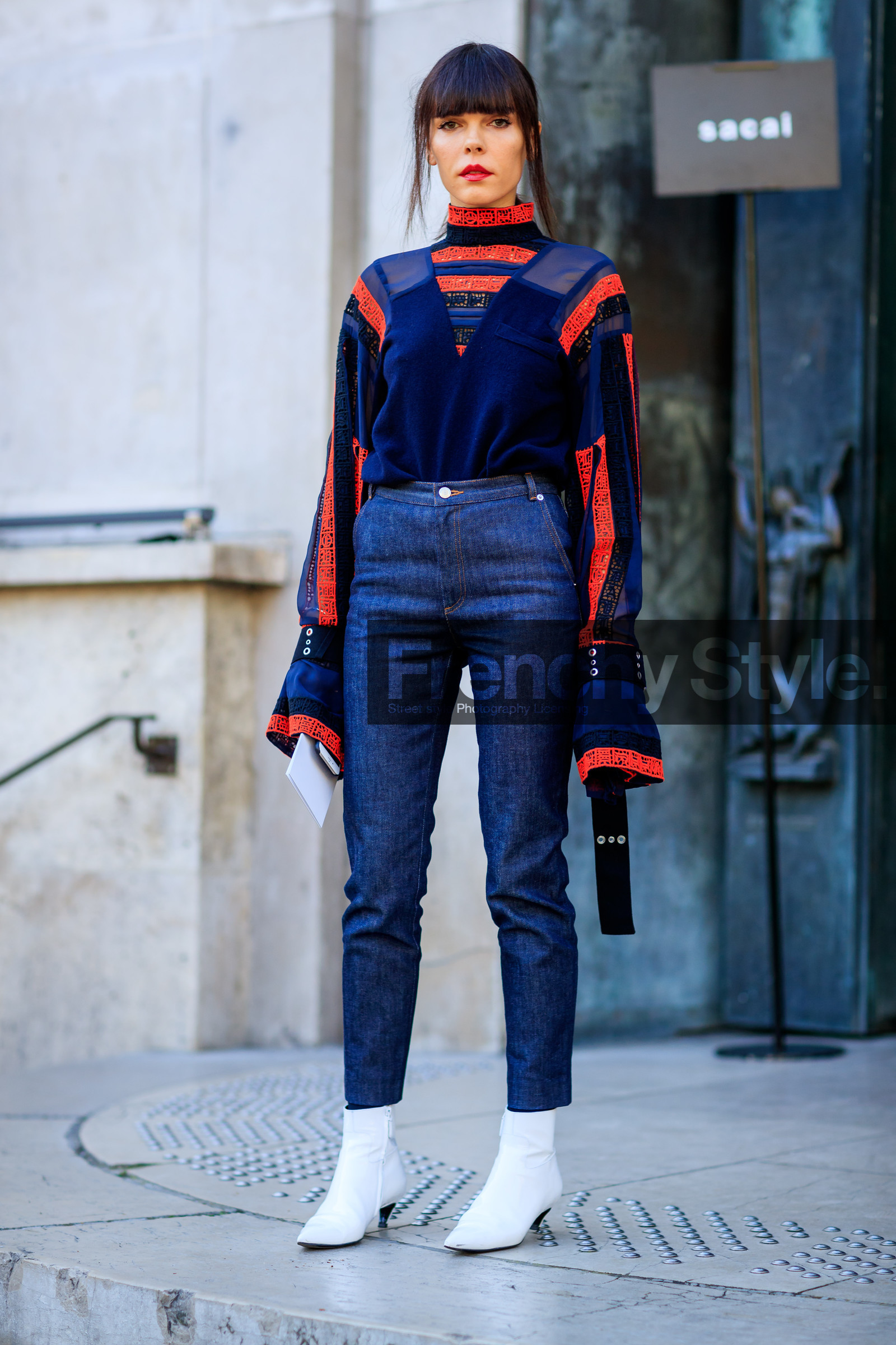 blue denim, denim pants, Evangelie Smyrniotaki, fashion week, frenchystyle, full length, FW, geometric, graphic shirt, jeans, jonathan paciullo, leather shoes, navy shirt, PARIS, PFW, printed shirt, sacai, silk shirt, SPRING SUMMER 2017, SS 17, street style, striped shirt, stripes, trousers, vertical, white boots