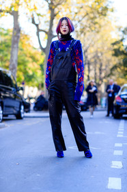 black overall, blue sweater, dyed hair, fashion week, frenchystyle, full length, FW, irene kim, jonathan paciullo, leather overall, leather shoes, PARIS, PFW, pink hair, printed sweater, purple boots, red hair, sacai, SPRING SUMMER 2017, SS 17, street style, trousers, velvet, vertical