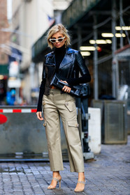 beige pants, black bag, black jacket, black perfecto, black turtleneck, cargo pants, crop top, earrings, high heels, leather bag, leather jacket, leather perfecto, leather shoes, sequined shoes, sunglasses, trousers, xenia adonts, street style, jonathan paciullo, frenchystyle, NYFW, NEW YORK, AUTUMN WINTER 2019-2020, AW 19-20, FALL WINTER 2019-2020, FW 19-20, fashion week, FW, vertical, full length