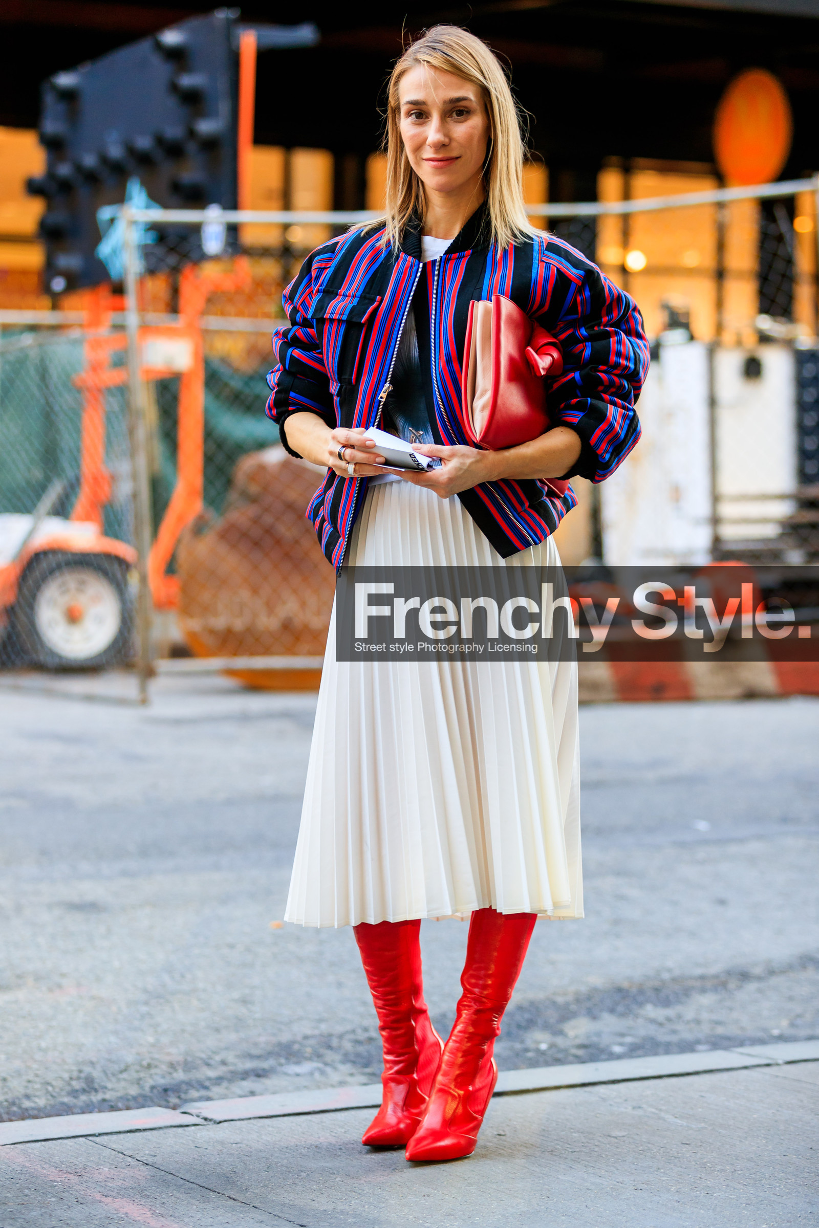 blue jacket, bomber jacket, fashion week, frenchystyle, full length, FW, graphic jacket, high boots, high heels, jonathan paciullo, leather bag, leather shoes, NEW YORK, NYFW, pleated skirt, printed jacket, red bag, red boots, SPRING SUMMER 2018, SS 18, street style, striped jacket, vertical, white skirt