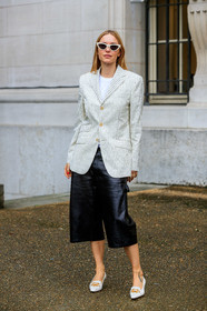 pernille teisbaek, white sunglasses, white t-shirt, white jacket, white leather shoes, striped jacket, celine sunglasses, margiela jacket, black leather bermuda shorts, golden buckle shoes, fashion week, frenchystyle, FW, jonathan paciullo, street style, SPRING SUMMER 2020, SS 20, PFW, PARIS, vertical, full length