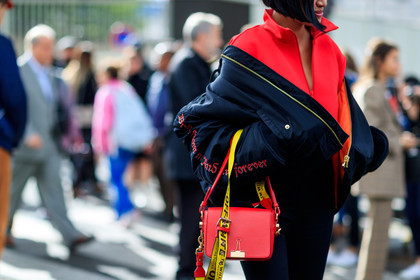 atmosphere details, black denim, black jacket, black pants, bomber jacket, detail, fashion week, frenchystyle, FW, horizontal, jonathan paciullo, off the shoulder, off white, PARIS, PFW, red bag, red sweater, SPRING SUMMER 2017, SS 17, street style, trousers, vêtements