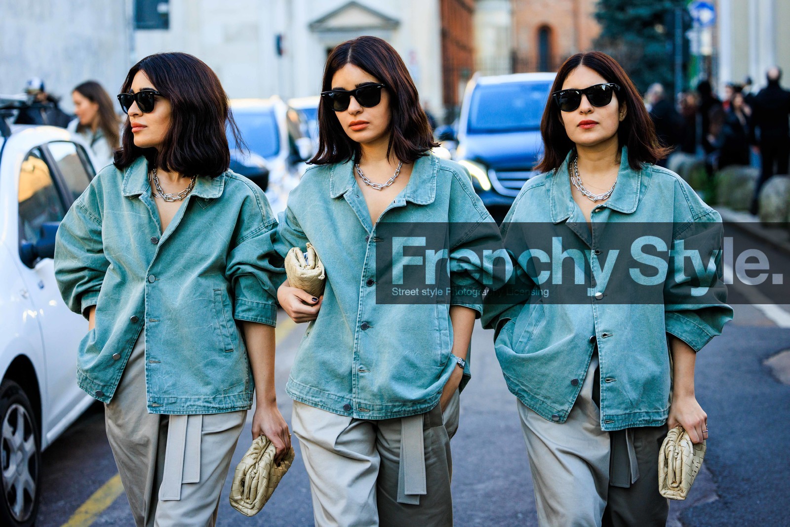 triplets, dark denim jacket, light blue denim jacket, grey pants, bottega veneta pouch, cream pouch, black sunglasses, silver chain necklace, watch, rayban sunglasses, oversized pants, black buttoned vest, the tripletsss, fashion week, frenchystyle, FW, jonathan paciullo, street style, MFW, MILAN, FALL WINTER 2022_2023, AUTUMN WINTER 2022-2023, FW 22-23, horizontal, atmosphere details