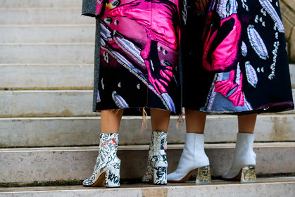 Ami and Aya Suzuki, margiela dress, margiela boots, camel toe margiela boots, white leather boots, low boots, printed boots, sheer heels, high heels boots, close up detail, legs detail, pink dress, neon green dress, black dress, light grey dress, oversize dress, long dress, embroidered dress, patchwork dress, margiela look, round shape heels, fashion week, frenchystyle, FW, jonathan paciullo, street style, SPRING SUMMER 2020, SS 20, PFW, PARIS, horizontal, atmosphere details, detail