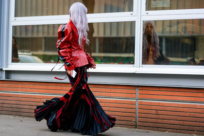 black skirt, dyed hair, graphic jacket, graphic skirt, leather jacket, pleated skirt, printed jacket, printed skirt, red jacket, fashion week, frenchystyle, FW, jonathan paciullo, street style, PFW, PARIS, AUTUMN WINTER 2018-2019, FALL WINTER 2018-2019, FW 18-19, horizontal, atmosphere details, full length