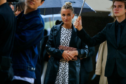 dior bag, dior earrings, black leather jacket, burgundy bag, monogrammed bag, white dress, polka dots dress, hoop earrings, golden earrings, fashion week, frenchystyle, FW, jonathan paciullo, street style, SPRING SUMMER 2020, SS 20, PFW, PARIS, horizontal, atmosphere details, detail