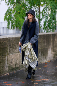 black hat, navy blue coat, sleeveless coat, dark grey pullover, white skirt, wax printed skirt, big glasses, aviator glasses, black glasses, black leather boots, high boots, fashion week, frenchystyle, FW, jonathan paciullo, street style, SPRING SUMMER 2020, SS 20, PFW, PARIS, vertical, full length