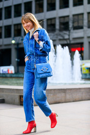 blue bag, blue denim, bracelet, denim jumpsuit, denim pants, high heels, jeans, leather bag, leather shoes, red boots, rings, suede bag, trousers, watch, street style, jonathan paciullo, FW, frenchystyle, fashion week, NYFW, NEW YORK, AUTUMN WINTER 2018-2019, AW 18-19, FALL WINTER 2018-2019, FW 18-19, vertical, full length, lisa aiken