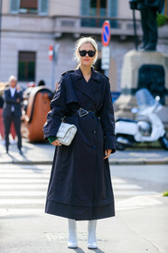 linda tol, black and white look, black trench coat, black leather belt, black sunglasses, bottega veneta belt, jacket dress, bottega veneta bag, white leather bag, white leather boots, plaited bag, fashion week, frenchystyle, FW, jonathan paciullo, street style, vertical, full length, MFW, MILAN, SPRING SUMMER 2020, SS 20