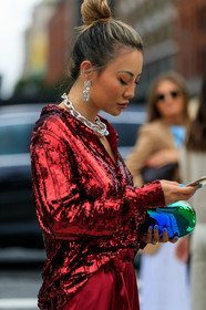 bun, earrings, glitter, iphone, necklace, red top, sequined top, street style, jonathan paciullo, FW, frenchystyle, fashion week, NEW YORK, NYFW, SPRING SUMMER 2020, SS 20, vertical, detail, atmosphere details