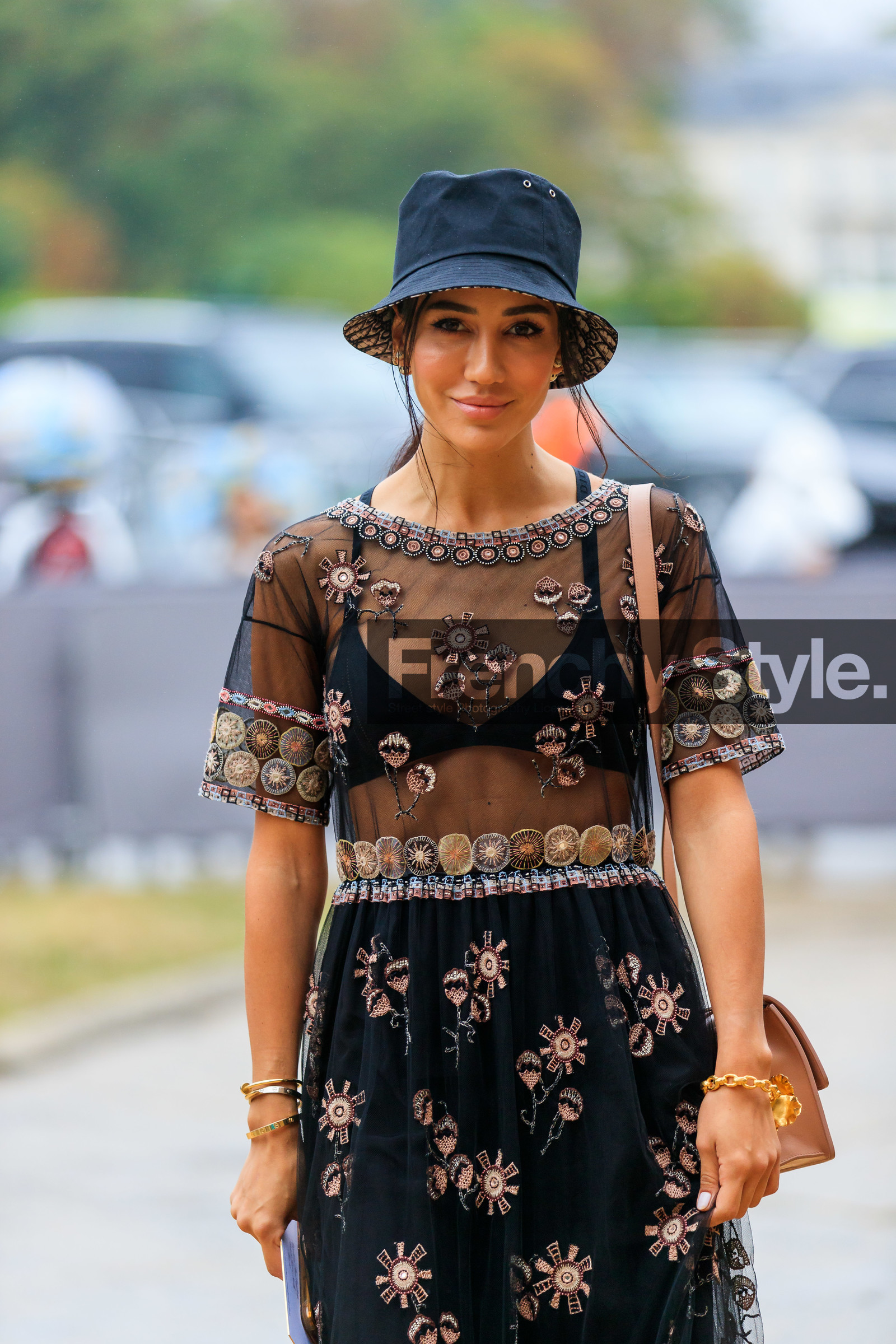 tamara kalinic, dior dress, dior hat, embroidered dress, black dress, short sleeves dress, black bra, black hat, monogrammed hat, sheer dress, fashion week, frenchystyle, FW, jonathan paciullo, street style, SPRING SUMMER 2020, SS 20, PFW, PARIS, vertical, atmosphere details, detail
