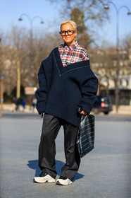 balenciaga, black and white shoes, black bag, black pants, blue sweater, checked, checked shirt, graphic bag, leather bag, leather shoes, monogram, oversize, plaid, printed bag, raf simons, red shirt, trousers, street style, jonathan paciullo, FW, frenchystyle, fashion week, PFW, PARIS, AUTUMN WINTER 2018-2019, FALL WINTER 2018-2019, FW 18-19, vertical, full length