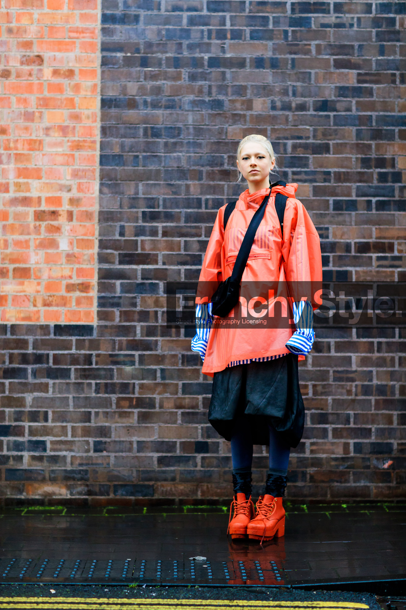 black bag, black leggings, black skirt, high heels, leather bag, leather shoes, orange jacket, orange shoes, rain jacket, striped shirt, street style, jonathan paciullo, FW, frenchystyle, fashion week, LFW, LONDON, AUTUMN WINTER 2018-2019, AW 18-19, FALL WINTER 2018-2019, FW 18-19, vertical, full length, model