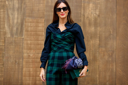 gala gonzalez, black sunglasses, square shape glasses, black shirt, black top, black pants, green top, green pants, checked pants, checked top, balloon sleeves, strapless top, silk scarf, monogrammed scarf, blue scarf, green leather bag, 30 montaigne bag, drape top, dior bag, dior pants, dior shirt, dior top, dior total look, fashion week, frenchystyle, FW, jonathan paciullo, street style, SPRING SUMMER 2020, SS 20, PFW, PARIS, horizontal, atmosphere details, detail