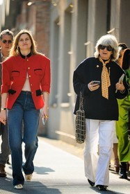 red jacket, red blazer, buttones blazer, classic jeans, white pumps, studs shoes, white top, chanel bag, chanel tote bag, black jacket, gucci scarf, white pants, black shoes, black sunglasses, eugenie trochu, sophie fontanel, street style, jonathan paciullo, FW, frenchystyle, fashion week, MFW, MILAN, FALL WINTER 2022_2023, AUTUMN WINTER 2022-2023, FW 22-23, vertical, full length