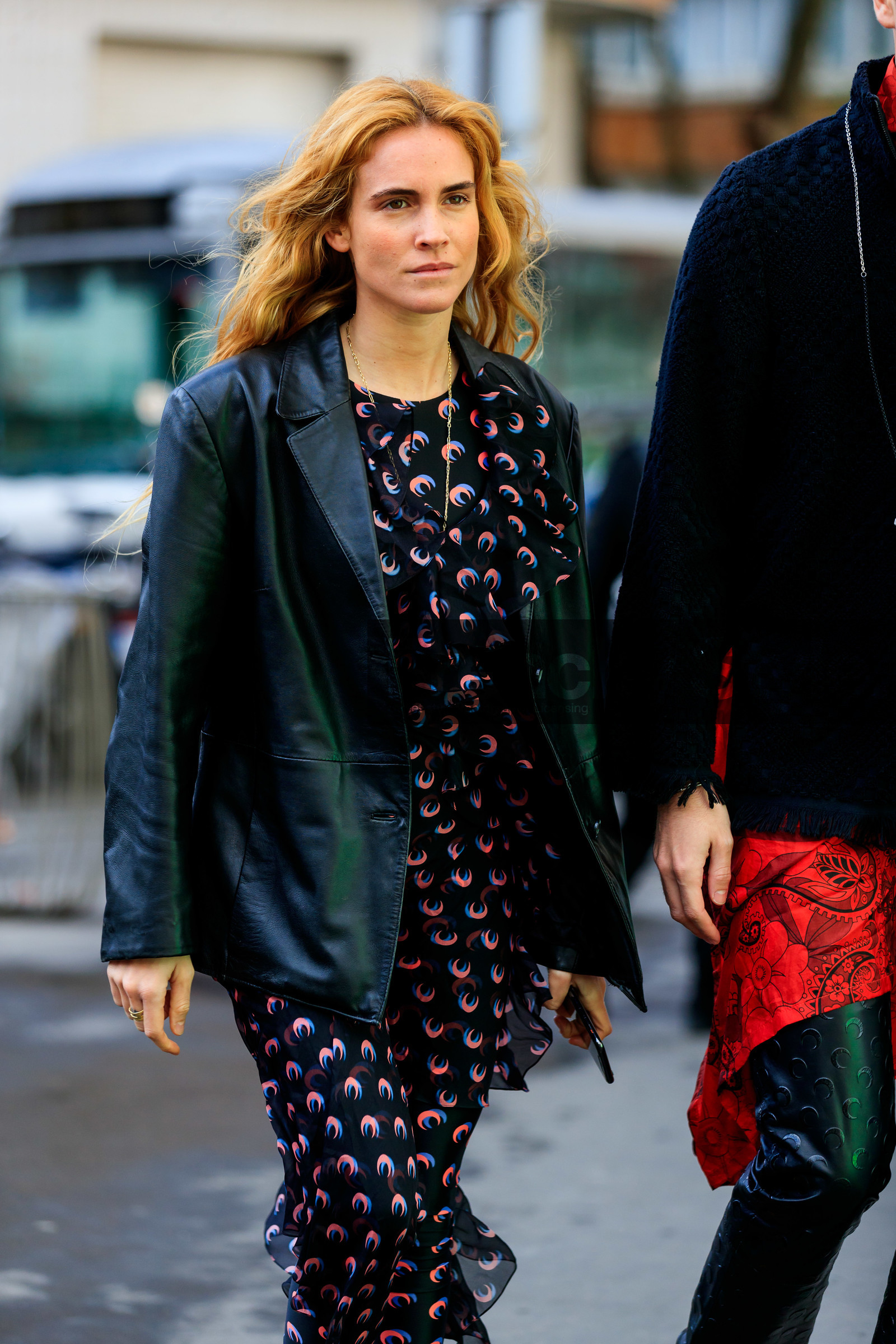 blanca miro scrimieri, black leather jacket, black top, black dress, monogrammed dress, monogrammed top, monogrammed pants, blue dress, pink top, pink dress, ruffle dress, technical fabric top, marine serre look, marine serre dress, marine serre top, fashion week, frenchystyle, FW, jonathan paciullo, street style, PFW, PARIS, AUTUMN WINTER 2020-2021, FALL WINTER 2020-2021, FW 20-21, vertical, atmosphere details, detail