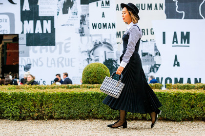 black and white bag, black hat, black romper, black shoes, black shorts, black skirt, black top, checked, christian dior, gingham, graphic bag, leather bag, leather shoes, plaid, pleated skirt, printed bag, striped shirt, fashion week, frenchystyle, FW, jonathan paciullo, street style, PFW, PARIS, AUTUMN WINTER 2018-2019, FALL WINTER 2018-2019, FW 18-19, horizontal, atmosphere details, full length, aimee song