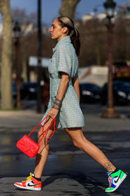 hera pradel, red polish bag, quilted bag, nike shoes, green sneakers, red sneakers, blue sneakers, multicolor sneakers, tatoo, strassed bangle, strassed bracelet, big bangle, big bracelet, golden chain bracelet, light blue skirt, checked skirt, checked dress, light blue dress, tweed dress, short sleeves dress, mini dress, chanel bag, chanel bracelet, chanel dress, fashion week, frenchystyle, FW, jonathan paciullo, street style, PFW, PARIS, vertical, full length