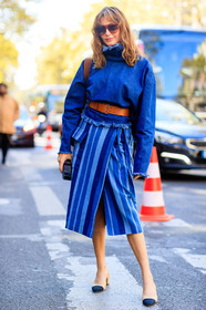 beige shoes, blue denim, brown belt, chanel, denim top, ece sukan, fashion week, frenchystyle, full length, FW, geometric, graphic skirt, jonathan paciullo, leather belt, leather shoes, PARIS, PFW, printed skirt, SPRING SUMMER 2017, SS 17, street style, striped skirt, stripes, sunglasses, vertical