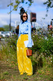 blue shirt, brown bag, fashion week, frenchystyle, full length, FW, jonathan paciullo, leather bag, PARIS, PFW, SPRING SUMMER 2017, SS 17, street style, sunglasses, trousers, velvet, vertical, yellow pants, yoyo cao