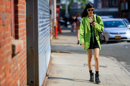 black bag, black shoes, black skirt, blazer, dr martens, green jacket, leather bag, leather shoes, model, sunglasses, street style, jonathan paciullo, FW, frenchystyle, fashion week, NEW YORK, NYFW, SPRING SUMMER 2020, SS 20, horizontal, atmosphere details, full length