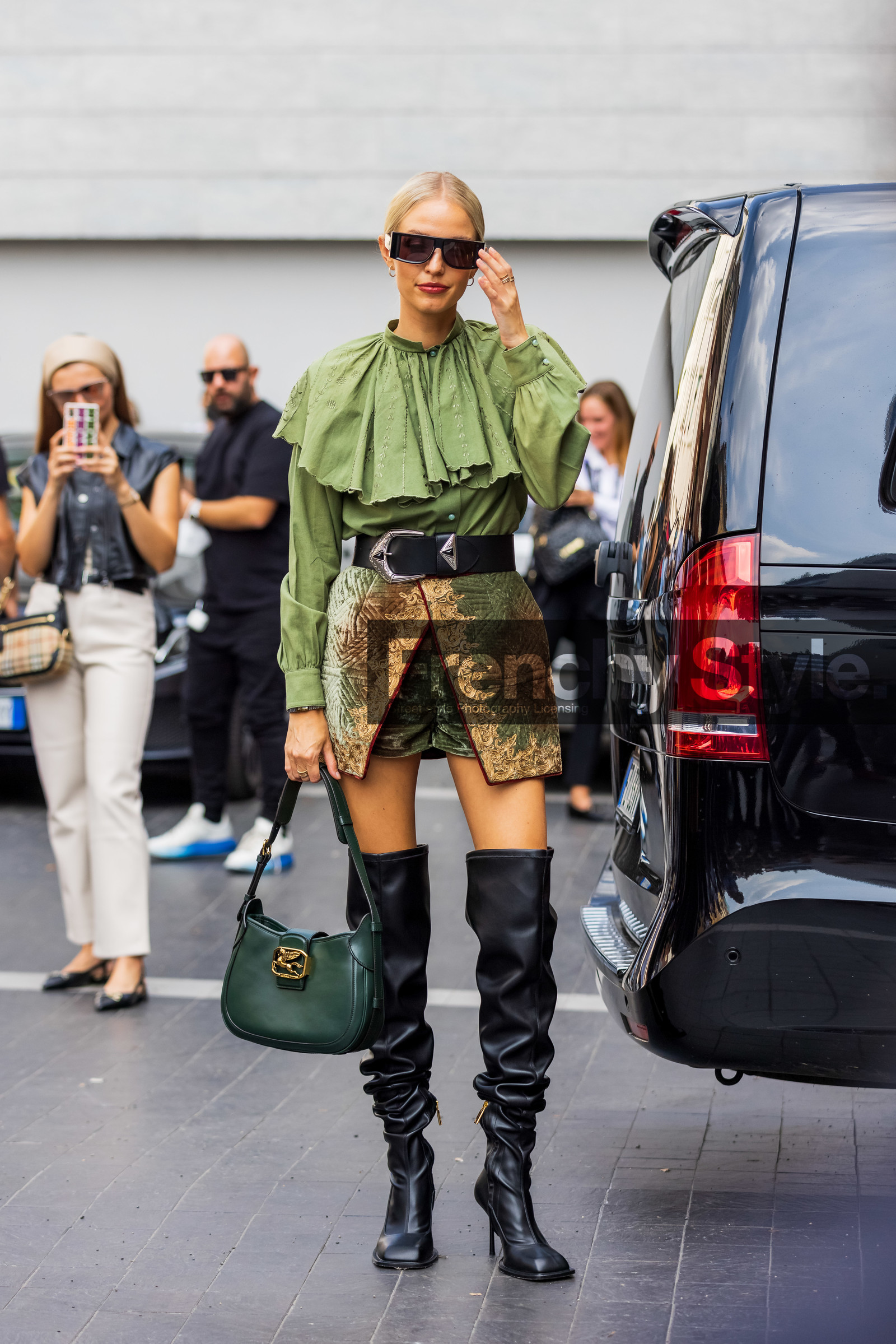 black belt, black sunglasses, embroidered, etro bag, etro look, green bag, green blouse, high boots, khaki skirt, large belt, leather bag, leather belt, leather boots, Leonie Hanne, printed skirt, romantic blouse, ruffles blouse, silver belt, skirt, split skirt, sunglasses, velvet skirt, fashion week, frenchystyle, FW, jonathan paciullo, street style, MFW, MILAN, SPRING SUMMER 2022, SS 22, vertical, full length