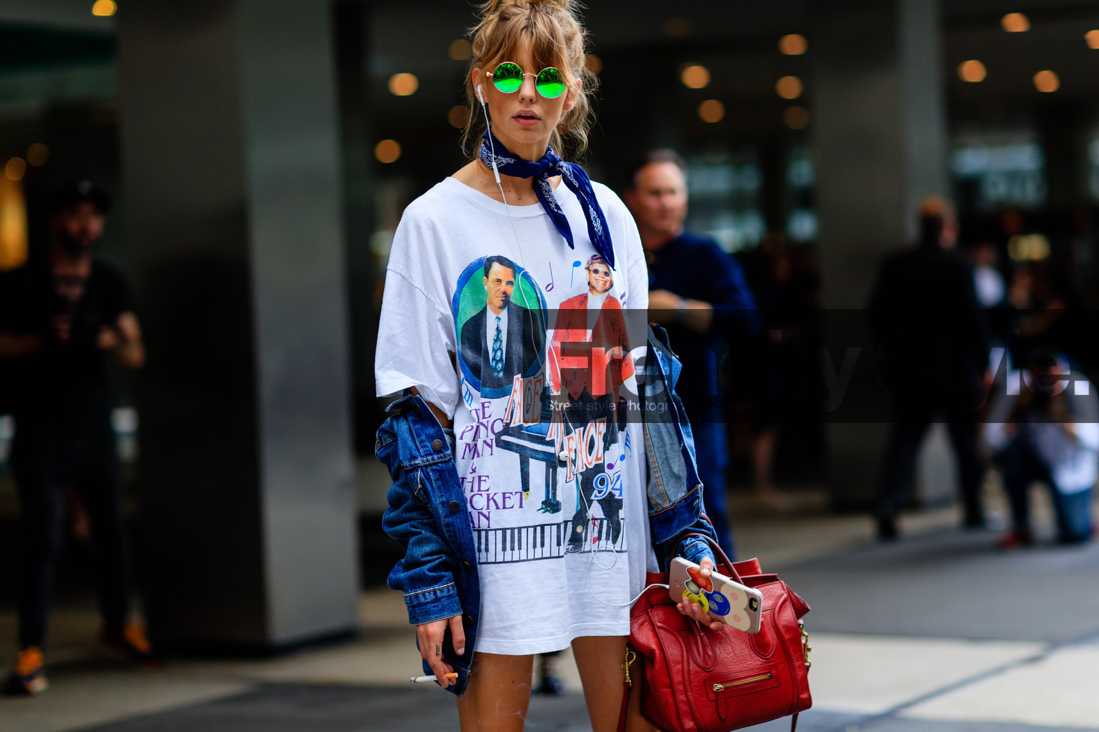 atmosphere details, blue bandana, blue denim, céline, denim jacket, detail, fashion week, frenchystyle, FW, horizontal, iphone, jonathan paciullo, leather bag, model, NEW YORK, NYFW, off the shoulder, printed t shirt, red bag, scarf, SPRING SUMMER 2017, SS 17, street style, sunglasses, white t shirt, woman