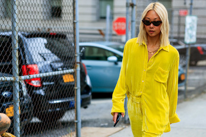 necklace, sunglasses, vanessa hong, velvet, yellow pants, yellow shirt, yellow suit, street style, jonathan paciullo, FW, frenchystyle, fashion week, NEW YORK, NYFW, SPRING SUMMER 2020, SS 20, horizontal, atmosphere details, detail
