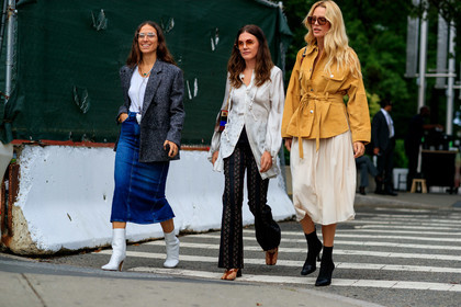 beige jacket, beige skirt, black pants, black shoes, blazer, brown shoes, céline, denim skirt, erika boldrin, graphic shoes, grey jacket, gucci, high heels, leather shoes, madelynn furlong, megan adelaide, mini bag, monogram, pleated skirt, printed pants, printed shoes, suede jacket, sunglasses, trousers, white bag, white shirt, white shoes, white t shirt, street style, jonathan paciullo, FW, frenchystyle, fashion week, NEW YORK, NYFW, SPRING SUMMER 2020, SS 20, horizontal, atmosphere details, full length