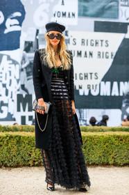 beret, black coat, black dress, black hat, black shoes, christian dior, graphic bag, graphic dress, graphic skirt, leather bag, leather shoes, printed bag, printed dress, printed skirt, ruffles, satin stitch, see through, silver bag, sunglasses, fashion week, frenchystyle, FW, jonathan paciullo, street style, PFW, PARIS, AUTUMN WINTER 2018-2019, FALL WINTER 2018-2019, FW 18-19, vertical, full length