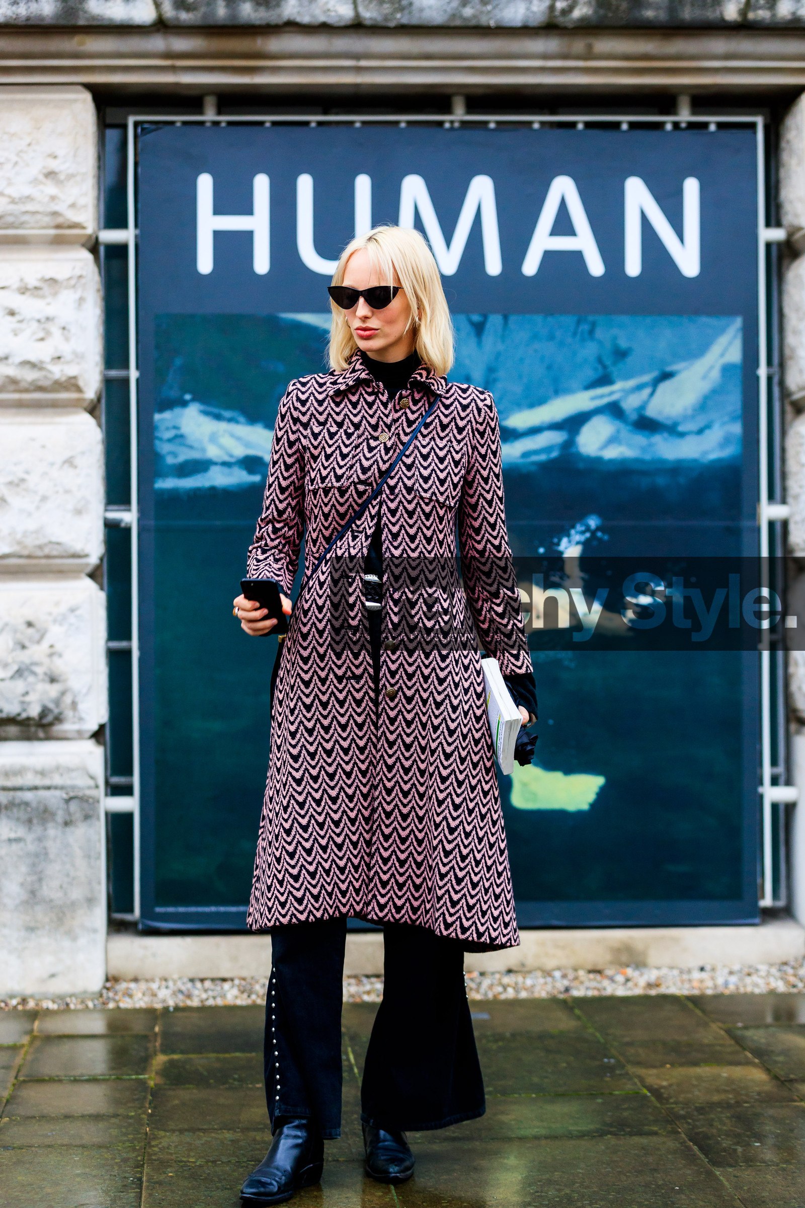 black pants, black shoes, graphic jacket, leather shoes, pink jacket, printed jacket, sunglasses, trousers, street style, jonathan paciullo, FW, frenchystyle, fashion week, LFW, LONDON, AUTUMN WINTER 2018-2019, AW 18-19, FALL WINTER 2018-2019, FW 18-19, vertical, full length, model, lili sumner