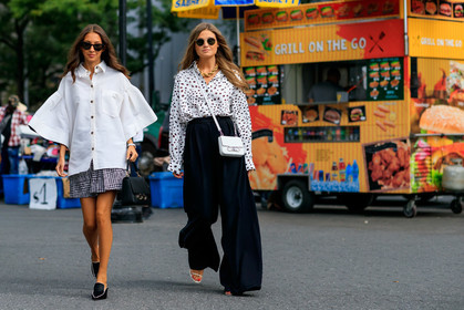 black pants, black shoes, carolina herrera, graphic skirt, grey skirt, high waist, leather shoes, necklace, printed shirt, printed skirt, sunglasses, tartan, trousers, white bag, white shirt, street style, jonathan paciullo, FW, frenchystyle, fashion week, NEW YORK, NYFW, SPRING SUMMER 2020, SS 20, horizontal, atmosphere details, full length