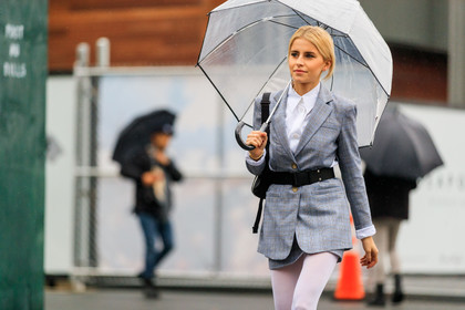 black bag, black belt, blazer, checked, checked jacket, graphic jacket, grey jacket, grey skirt, leather bag, mini bag, plaid, printed jacket, tartan, tights, umbrella, white shirt, street style, jonathan paciullo, FW, frenchystyle, fashion week, NYFW, NEW YORK, AUTUMN WINTER 2018-2019, AW 18-19, FALL WINTER 2018-2019, FW 18-19, atmosphere details, horizontal, detail, caro daur