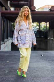 chanel bag, denim, Emili Sindlev, fluo green, green shoes, lila bag, lila cardigan, missoni knit, mules, oversize pants, pastel, printed cardigan, quilted bag, yellow pants, fashion week, frenchystyle, FW, jonathan paciullo, street style, MFW, MILAN, SPRING SUMMER 2022, SS 22, vertical, full length