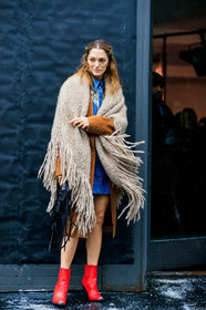 beige scarf, black bag, blue denim, brown coat, denim dress, fringes, high heels, leather bag, leather shoes, red boots, sofia sanchez barrenechea, sofia sanchez de betak, street style, jonathan paciullo, frenchystyle, NYFW, NEW YORK, AUTUMN WINTER 2019-2020, AW 19-20, FALL WINTER 2019-2020, FW 19-20, fashion week, FW, vertical, full length